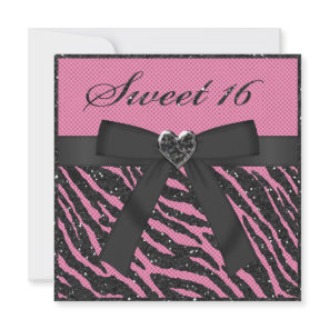 Sweet 16 Printed Zebra Stripe Glitter, Jewel & Bow Invitation