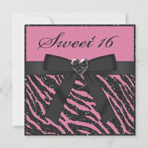 Sweet 16 Printed Zebra Stripe Glitter Jewel  Bow Invitation