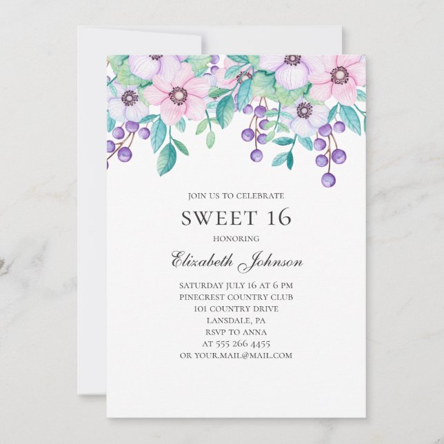 Sweet 16. Purple and pink flowers. 16th birthday Invitation (Front)