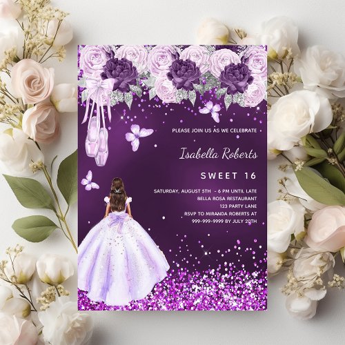 Sweet 16 purple ballerina dress florals invitation flyer