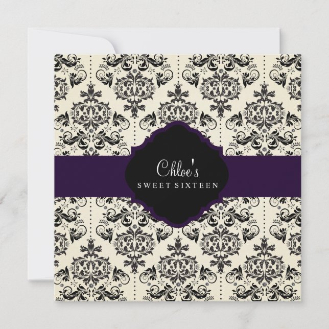 Sweet 16 | Purple & Black Damask Invitation (Front)