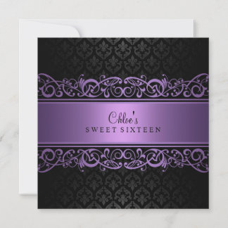 Sweet 16 | Purple & Black Damask Invitation