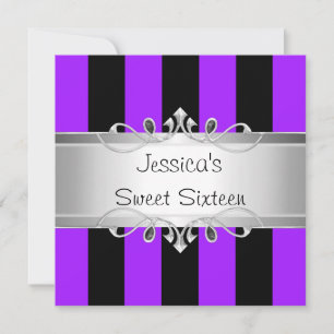 Sweet 16 Purple Black Stripes Silver Jewel Party Invitation