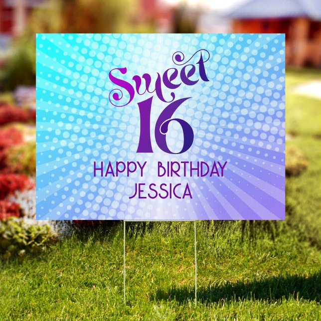 Sweet 16 Purple Blue Gradient Groovy Retro Yard Sign (Creator Uploaded)