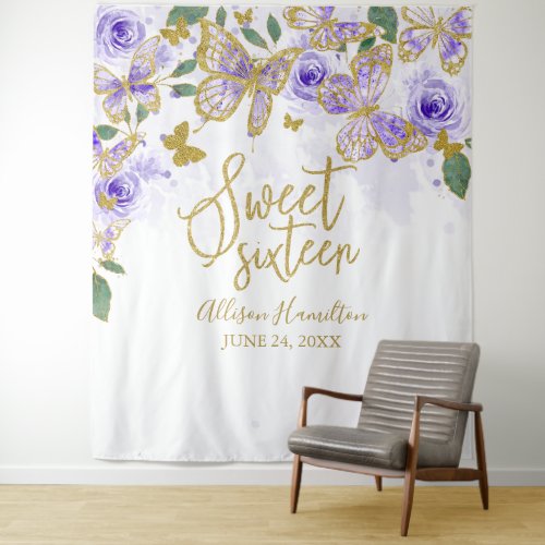 Sweet 16 Purple Butterflies Floral Backdrop