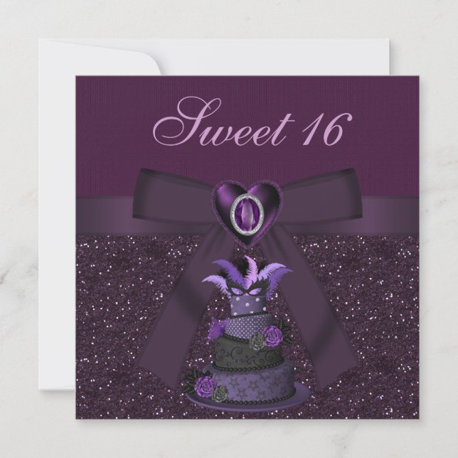 Sweet 16 Purple Diva Cake & Jewel Heart Invites (Front)