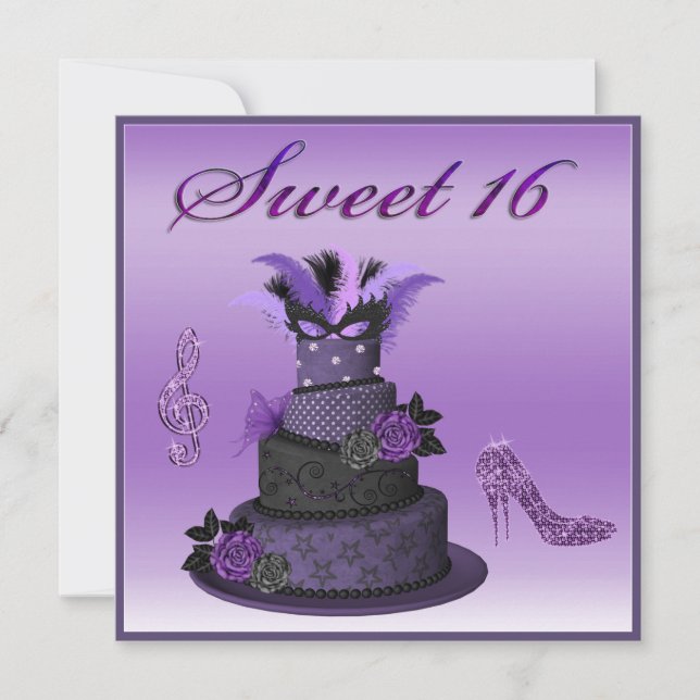Sweet 16 Purple Diva Cake, Sparkle High Heels Invitation (Front)