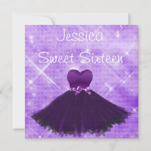 Sweet 16 Purple Dress Silver Glitter Birthday Custom Invitations