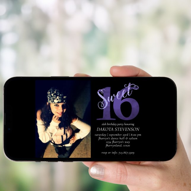 Sweet 16 | Purple Faux Glitter Photo Keepsake Invitation (Front Digital)