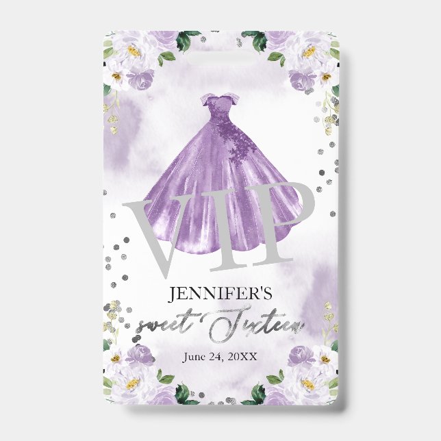 Sweet 16 Purple Floral Dress 16 VIP Birthday Badge (Front)