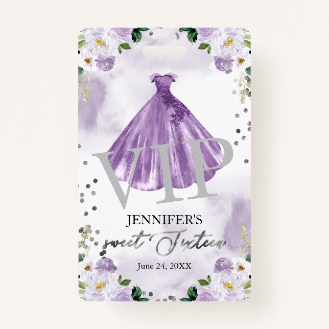 Sweet 16 Purple Floral Dress 16 VIP Birthday Badge (Front)