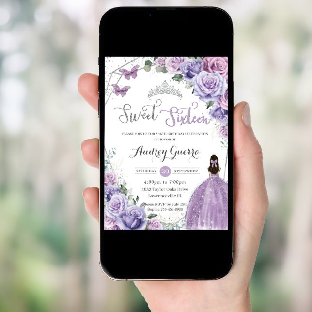 Sweet 16 Purple Floral Princess Silver Birthday Invitation (Front Digital)