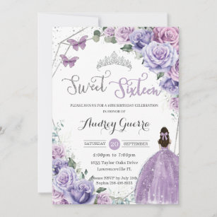 Sweet 16 Purple Floral Princess Silver Birthday Invitation