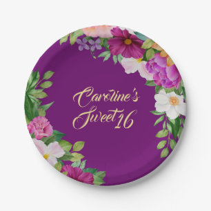 Sweet 16 Purple Floral Watercolor Bouquet Cute Paper Plates