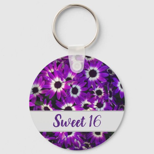 Sweet 16 Purple Flower Photo Floral Birthday Keychain