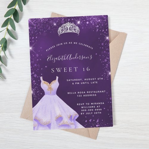 Sweet 16 purple glitter dust dress tiara invitation