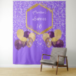 Sweet 16 Purple Glitter & Glitter Party Balloons Tapestry<br><div class="desc">An elegant gold glitter polygon for your text on a purple backdrop with shiny light purple falling glitter and decorative gold glitter party balloons.</div>