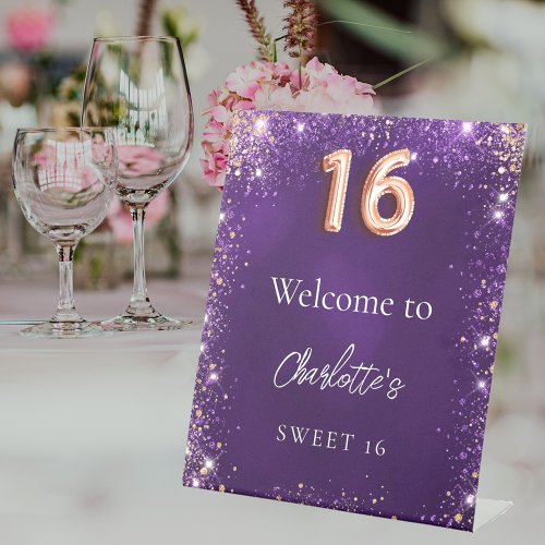 Sweet 16 purple glitter sparkles welcome pedestal sign