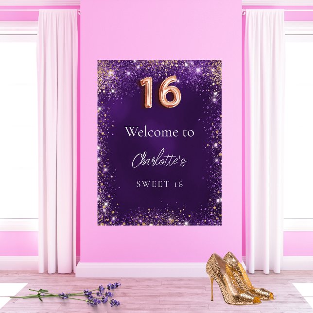Sweet 16 purple glitter sparkles welcome poster (Creator Uploaded)