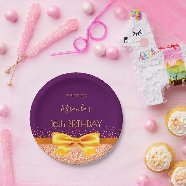 Sweet 16 purple gold bow name paper plates (Party)