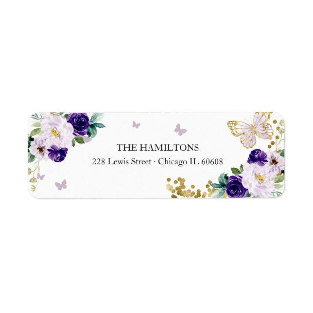 Sweet 16 Purple Gold Floral Butterfly Label (Front)
