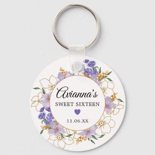 Sweet 16 Purple Gold Floral Party Favor Keychain