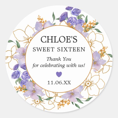 Sweet 16 Purple Gold Floral Party Favor Thank You Classic Round Sticker