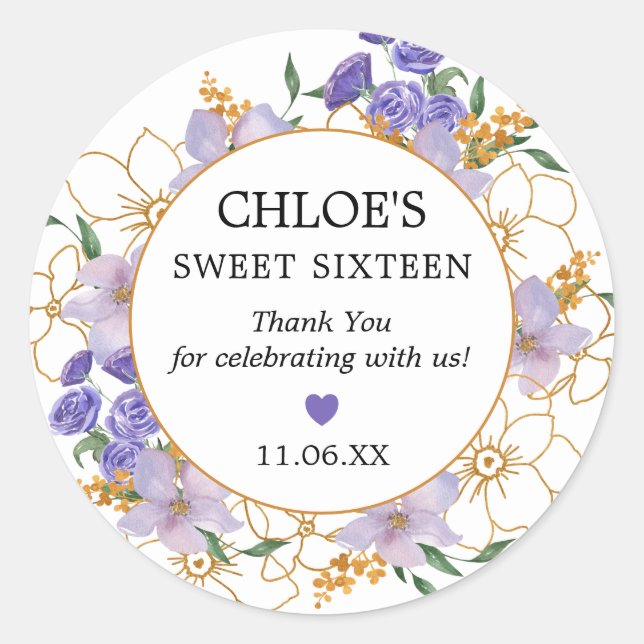 Sweet 16 Purple Gold Floral Party Favor Thank You Classic Round Sticker (Front)