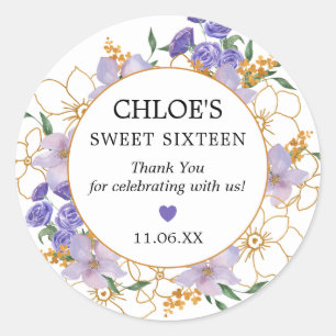 Sweet 16 Purple Gold Floral Party Favor Thank You Classic Round Sticker