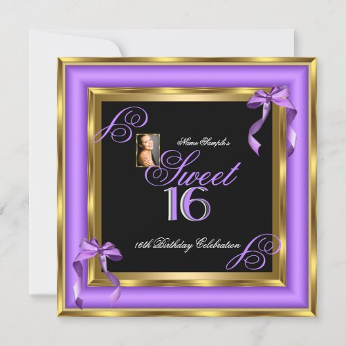 Sweet 16 Purple Gold Photo 16th Birthday Party Invitation