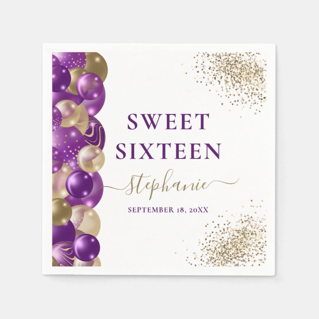 Sweet 16 Purple Gold Sparkle Balloon Napkins (Front)