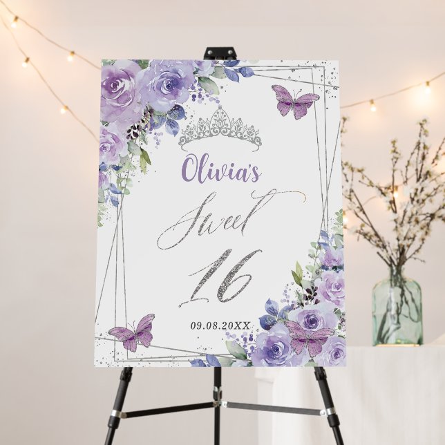 Sweet 16 Purple Lilac Floral Silver Butterflies Foam Board (In Situ (Stand))