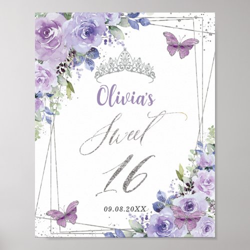 Sweet 16 Purple Lilac Floral Silver Butterflies Poster