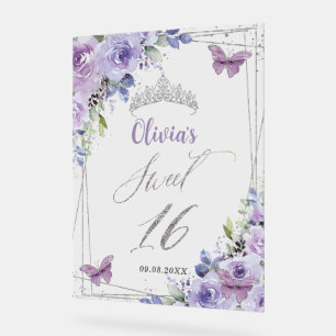 Sweet 16 Purple Lilac Floral Silver Welcome Acrylic Sign