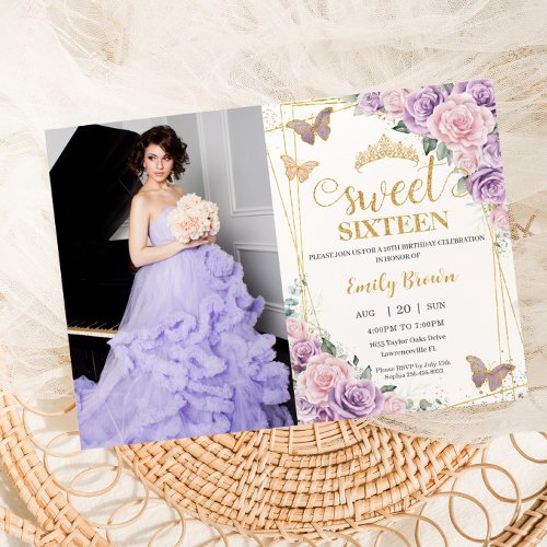Sweet 16 Purple Lilac Pink Floral Butterfly Photo Invitation