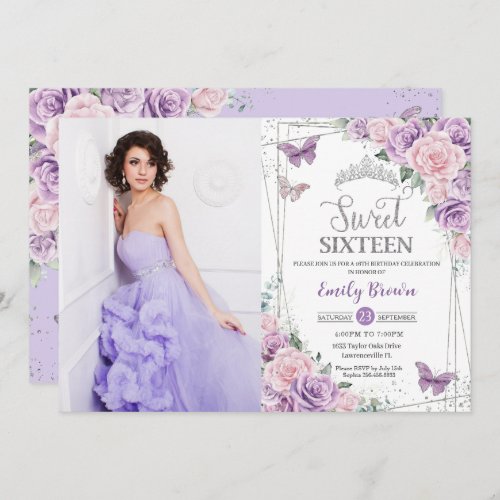 Sweet 16 Purple Lilac Pink Floral Butterfly Photo Invitation