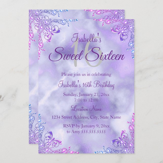 Sweet 16 Purple Lilac Silver Pearl Damask Invitation (Front/Back)