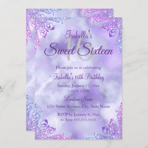 Sweet 16 Purple Lilac Silver Pearl Damask Invitation