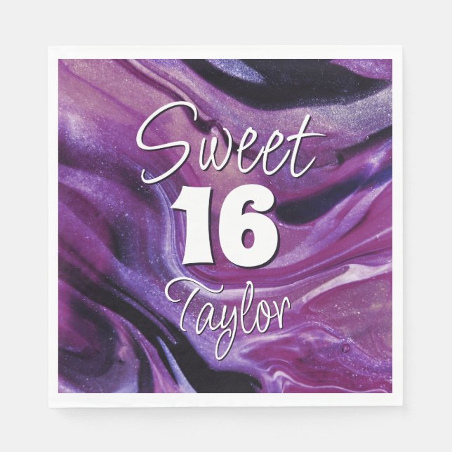 Sweet 16 Purple Marble Personalized Napkins (Front)