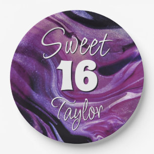 Sweet 16 Purple Marble Personalized Paper Plates