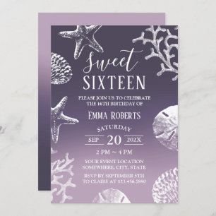 Sweet 16 Purple Ombre Beach Starfish Seashells Invitation