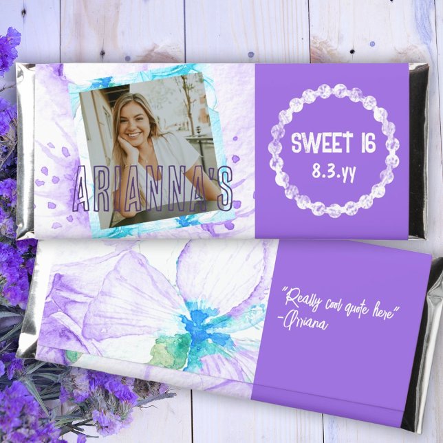 Sweet 16, Purple Personalized Chocolate Wrapper Hershey Bar Favors (purple lilac turquoise orchid floral chocolate bar wrappers personalized sweet 16 candy bar labels)