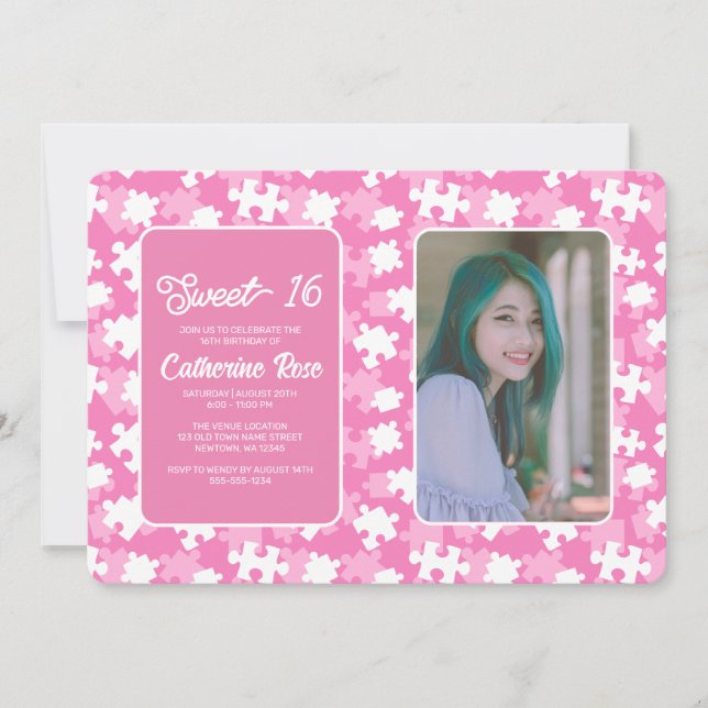 Sweet 16 Purple Pink And White Puzzle Photo  Invitation (Front)