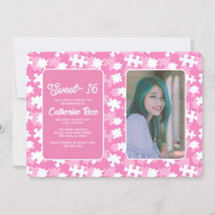 Sweet 16 Purple Pink And White Puzzle Photo  Invitation