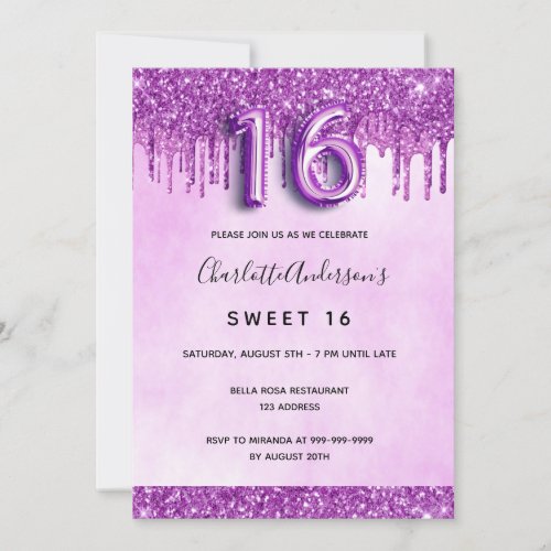Sweet 16 purple pink glitter drips glam invitation
