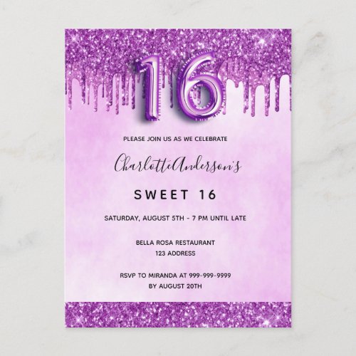 Sweet 16 purple pink glitter drips glamorous invitation postcard