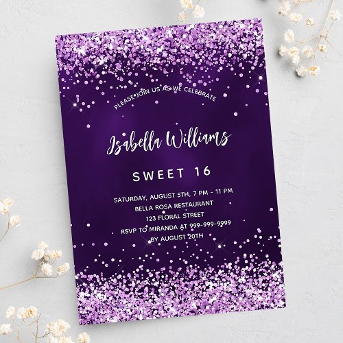 Sweet 16 purple pink glitter glamorous invitation