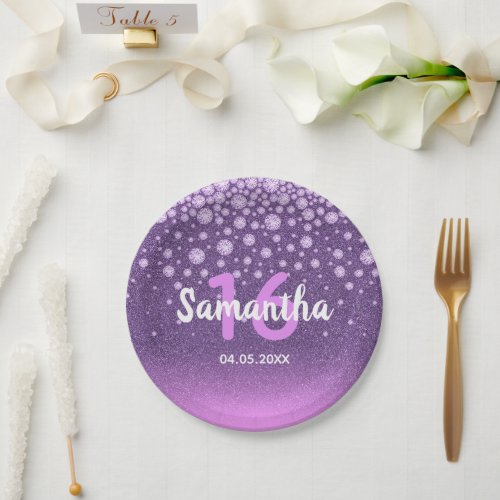 Sweet 16 purple pink glitter name paper plates