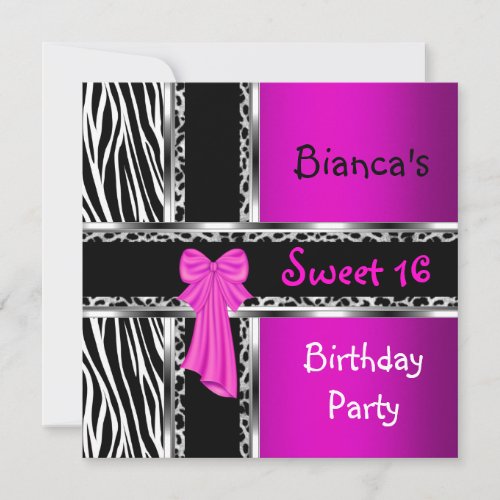 Sweet 16 Purple Pink Silver Black Zebra Leopard Invitation