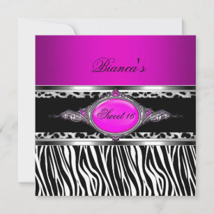 Sweet 16 Purple Pink Silver Black Zebra Leopard Invitation